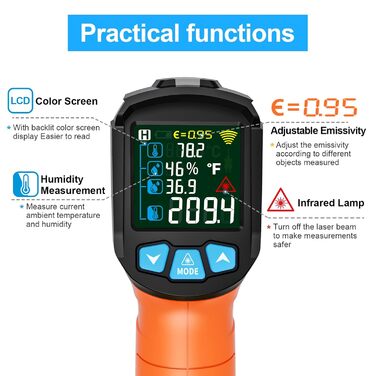 Інфрачервоний термометр MESTEK з лазерним цілевказівником та K-зондом (-50°C ~ 800°C) - безконтактний вимірювач температури з LCD дисплеєм, сигналом тривоги та регулюванням коефіцієнта випромінювання для кухні (Orange)