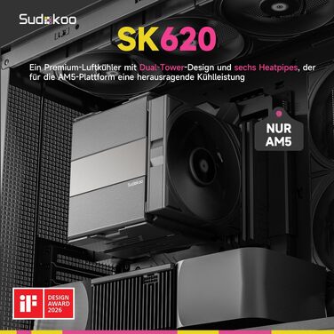 Кулер для процесора Sudokoo SK620 AM5: Двовежевий CPU кулер з цифровим дисплеєм, 6 теплотрубками та 2 вентиляторами PWM FDB 120мм, чорний
