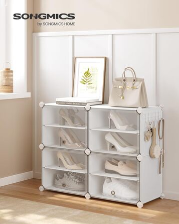 SONGMICS 10-Tier Shoe Rack, Shoe Cabinet, 30 x 40 x 30 cm per compartment, slim, with doors, steel frame, plastic, for hallway, bedroom, entryway, LPC035B01 (4 compartments (83B x 63H cm), White)