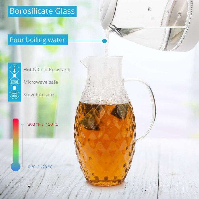 Borosilicate glass carafe with lid - Glass carafe with unique diamond pattern for 3 liters of cold or hot water - Water carafe and drink dispenser for homemade iced tea and juice