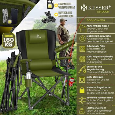 Кресlo для кемпінгу KESSER® з високою спинкою, 160 кг, з підлокітниками, тримачем для напоїв та світлом, хакі/чорний
