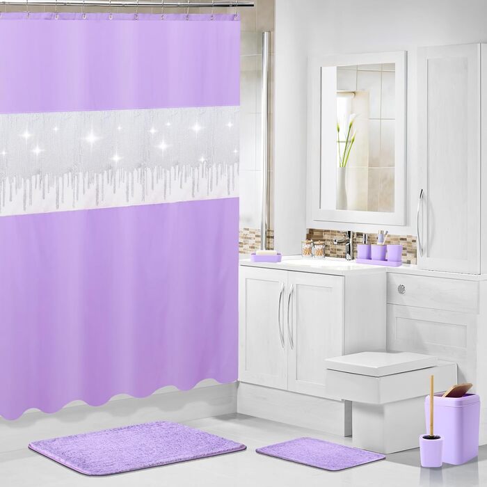 Набір аксесуарів для ванної кімнати, 9 предметів: смітник, тримач для зубних щіток, стакан для зубних щіток, дозатор для мила/лосьйону, тумбочка під раковину, мильниця, щітка для унітазу, тримач для ватних паличок (світло-фіолетовий), комплект: штора для 