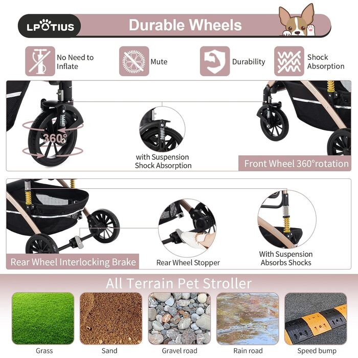 3 в 1 Візок для собак з знімним сидінням для подорожей, переноска для собак, складаний, візок для домашніх тварин для дітей до 25 кг, Рожевий, Шампань, 25 кг