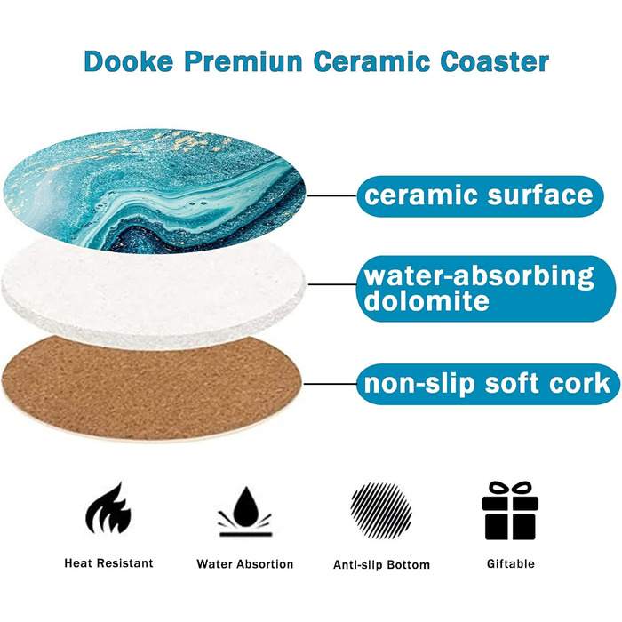 Dooke Coasters for Drinks, round, absorbent ceramic stone coasters with cork base, fun turquoise marble (ocean) drink coasters