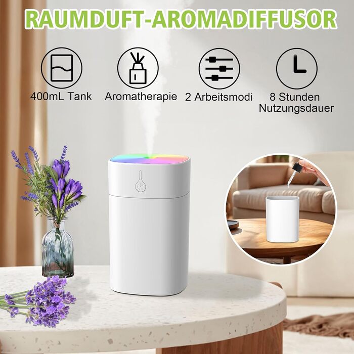 Портативний міні-увлажнитель повітря для спальні, 400 мл аромадифузор для дому, персональний настільний зволожувач для рослин, аромадифузор для дому, 2 режими, нічне світло, автоматичне вимкнення (білий)