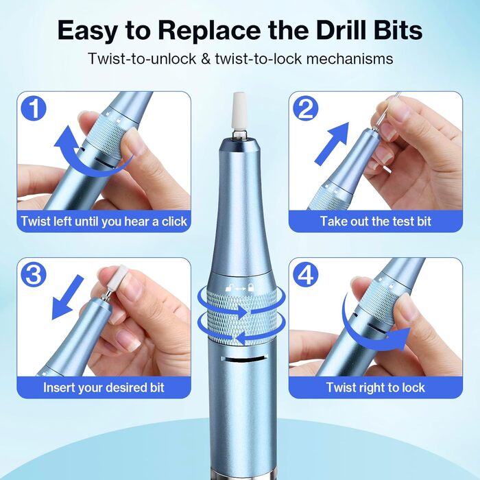 Електрична шліфувальна машинка для нігтів, професійна, 40000 об/хв, LCD манікюр/педикюр, набір з багатофункціональною базою, портативна, з підсвічуванням, сенсорне керування (Світло-блакитний)