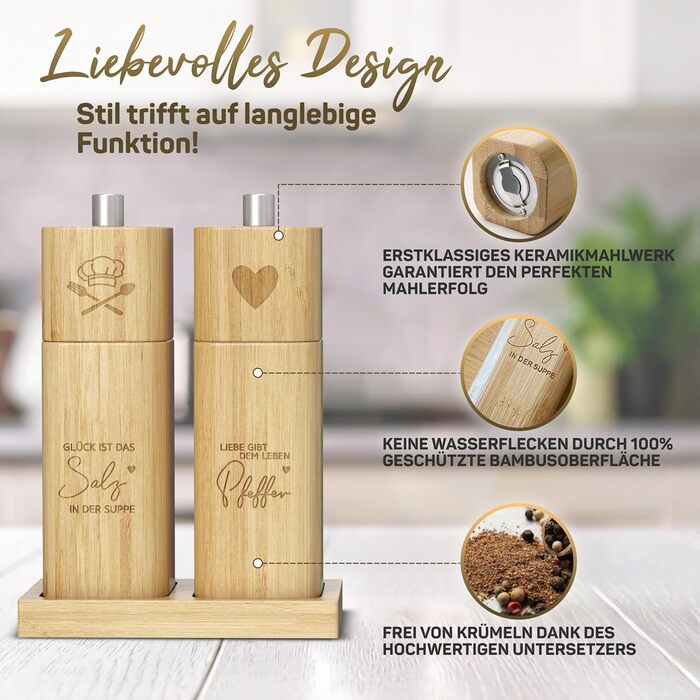 ELBFUCHS® Salt and Pepper Mill Wood Large [PERFECT GIFT IDEA] Loving 2-piece set of pepper and salt mills with ceramic grinder | Ideal for wooden wedding gift, housewarming, engagement party