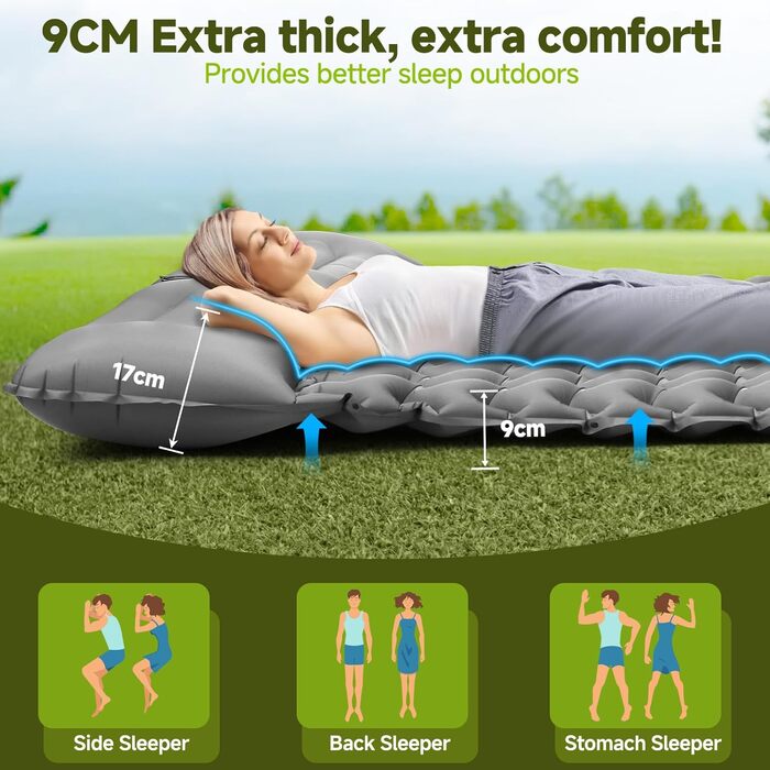 Каремат для кемпінгу Isomatte 9 см, 200x68 см - надувний матрац з подушкою, водонепроникний, для туризму, пляжу, намету (сірий)