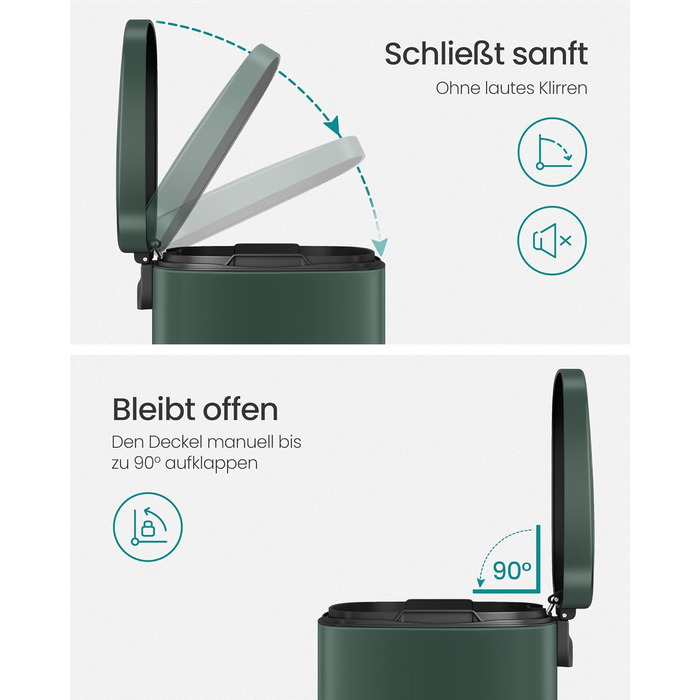 Відро для сміття SONGMICS 30 л, стале, з м'яким закриттям, з внутрішнім відром, для кухні, Vintage Green