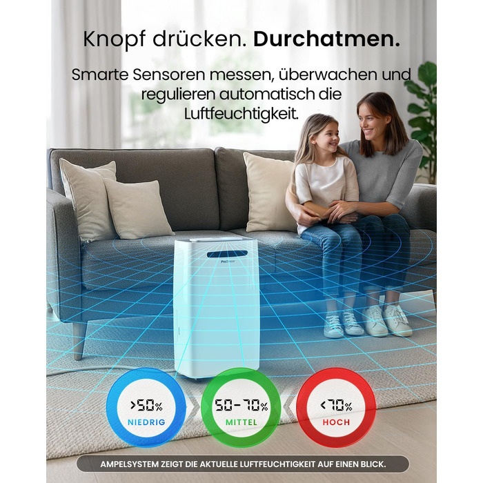 Про Breeze - відбійник повітря 20 л/24 год. Підходить для приміщень до 30 м². 4 режими роботи, цифровий дисплей, шланг для зливу, функція сушіння білизни, таймер. Захист від вологи та плісняви.