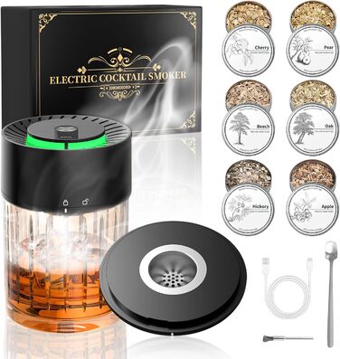 iDiskk Набір для копчення коктейлів: електричний димогенератор для віскі, вбудований запальник, 6 дерев'яних стружок для Old Fashioned, бурбон, міксологія