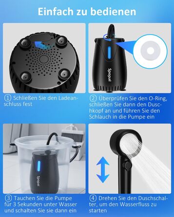 Camping душ Spopal з насосом 8000mAh, портативний, з вимірюванням температури, нічником, IPX8, для подорожей, поливу квітів, автомийки, миття тварин
