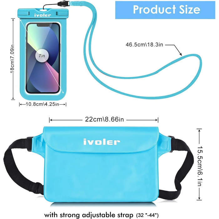 Водонепроникна поясна сумка-мішок з водонепроникним чохлом для телефону, універсальна пляжна сумка з кишенею для телефону, для водного спорту, пляжу, плавання, катання на човні (Світло-блакитний)