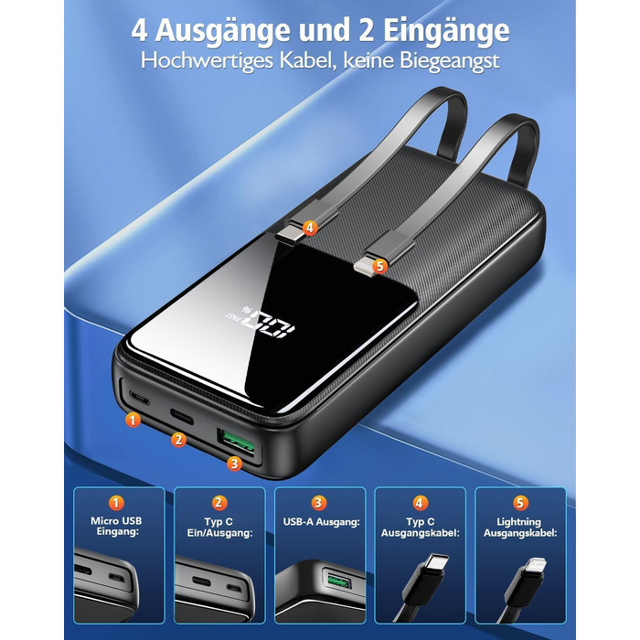 Power Bank 26800mAh, 22,5W з 3 портами USB та 2 вбудованими кабелями, чорний. Сумісний з iPhone та Android