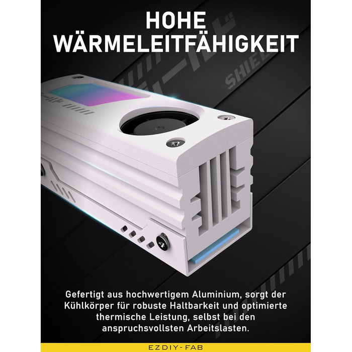 Охолоджувач SSD M.2 EZDIY-FAB Shield ARGB з 20мм вентилятором PWM, преміум-алюмінієвий дизайн, підтримка ARGB 5V 3-Pin, для M.2 2280, чорний, 1 шт.