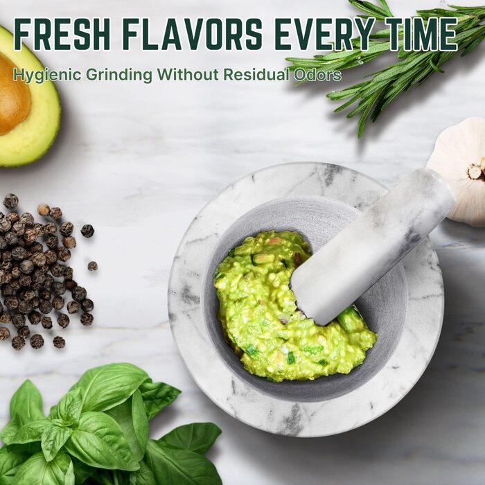 Мраморний ступка з толуштою Flexzion, 12 см, для спецій та приготування їжі, білий колір