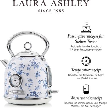 Laura Ashley Elveden Wireless Electric Kettle - 1.7L Stainless Steel, 2.2kW Fast Boil, Temperature Display & Overheat Protection