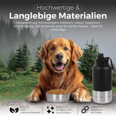 Водяна пляшка для собак LuckyFlex® 3-в-1 – 800 мл, з мискою та відсіком для корму, з нержавіючої сталі, для подорожей