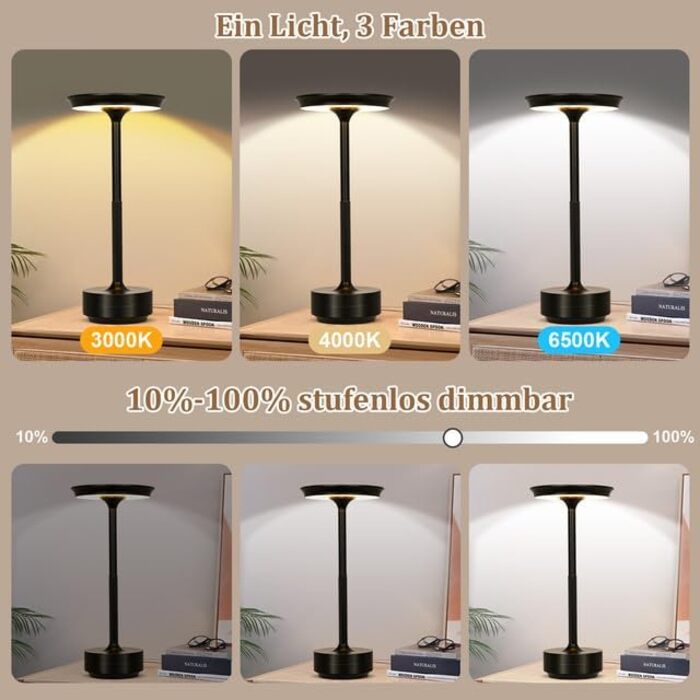 Бездротова LED-лампа Rosnek для столу з регулюванням кольору та димуванням, акумуляторна, з USB-C, стильна металева лампа (чорна)