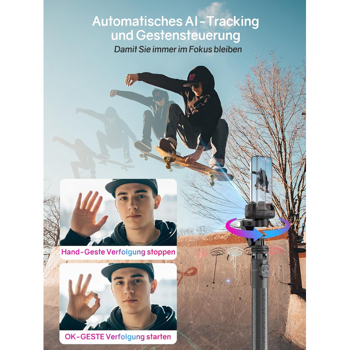 Штатив для смартфона Rollei з автоматичним відстеженням обличчя та стабілізацією відео 360° | Gimbal для TikTok Live Streaming