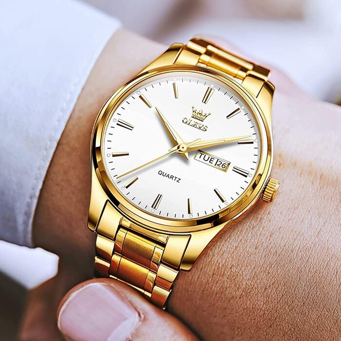 Чоловічий скелетон-годинник OLEVS Quartz (6898 Gold White) — спортивний кварцовий годинник зі сталевим браслетом, водонепроникний, зі світломасом