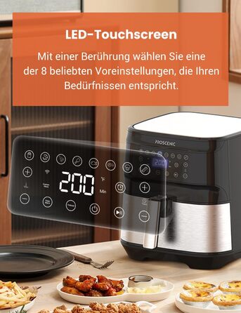 Аерофритюрниця Proscenic T21 5,5 л XXL з додатком та голосовим керуванням, 1700 Вт, цифровий LED-дисплей, функції попереднього нагріву, таймера та підтримки тепла, без олії, легке керування