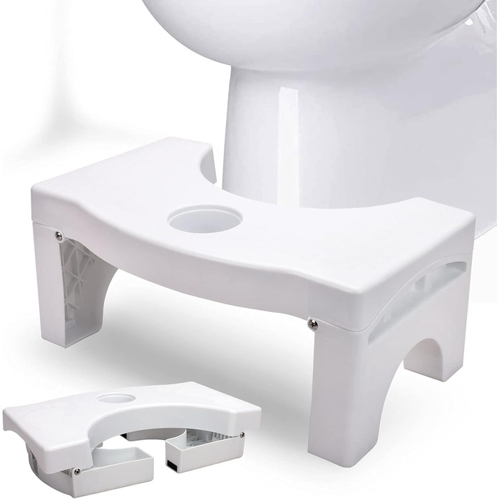 Squat Toilet Stool for Adults, 7 inches Potty Stool, Non-Slip Bathroom Stool, Foldable Potty Stool Stable Potty Stool with Air Freshener Holder for Elderly, Washable and Portable, White