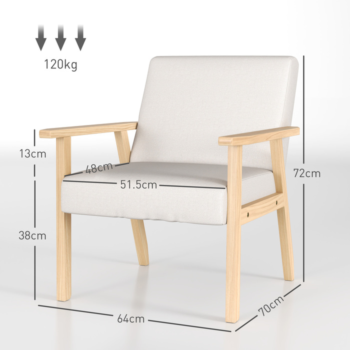 HOMCOM Lounge Chair with Armrests, Dining Chair, Relax Chair in Linen Look, Upholstered Armchair for Living Room, Bedroom, Solid Wood Frame, 64 x 70 x 72 cm, Cream White | Aosom
