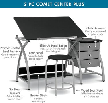 SD Studio Designs Comet Center Plus Craft Table & Stool Set with Storage - Adjustable Top - Silver/Black