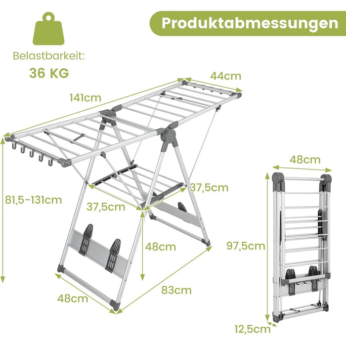 Стійка для сушіння білизни COSTWAY розкладна, сушилка для одягу висувна, з регульованою висотою та крилами, з полицею для взуття, для дому та вулиці (оновлена версія)