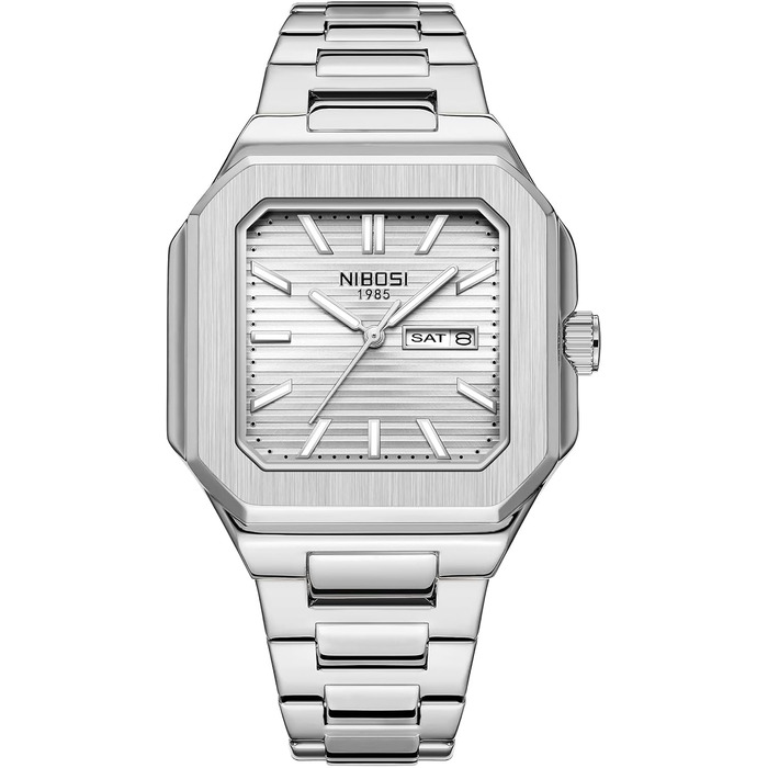 Годинник чоловічий NIBOSI: кварцовий годинник з нержавіючої сталі, мілітарний стиль, квадратний корпус, водостійкий, білий циферблат, для бізнесу та повсякденного носіння
