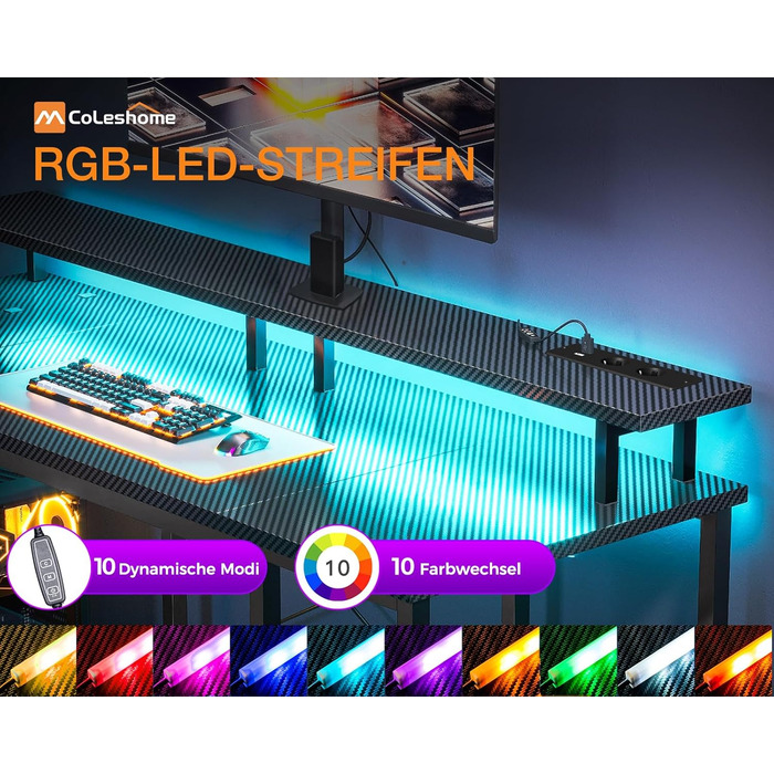 Ігровий стіл Coleshome з LED-підсвічуванням 120x50 см, з 2 розетками та 2 USB-портами, стіл для комп'ютера з підставкою для монітора та місцем для зберігання, для дому та офісу, чорний