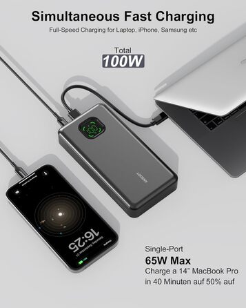 Power Bank 65W 25000mAh Klein Aber Stark для ноутбука та iPhone/iPad: портативний акумулятор з LED дисплеєм, USB-C, сірий