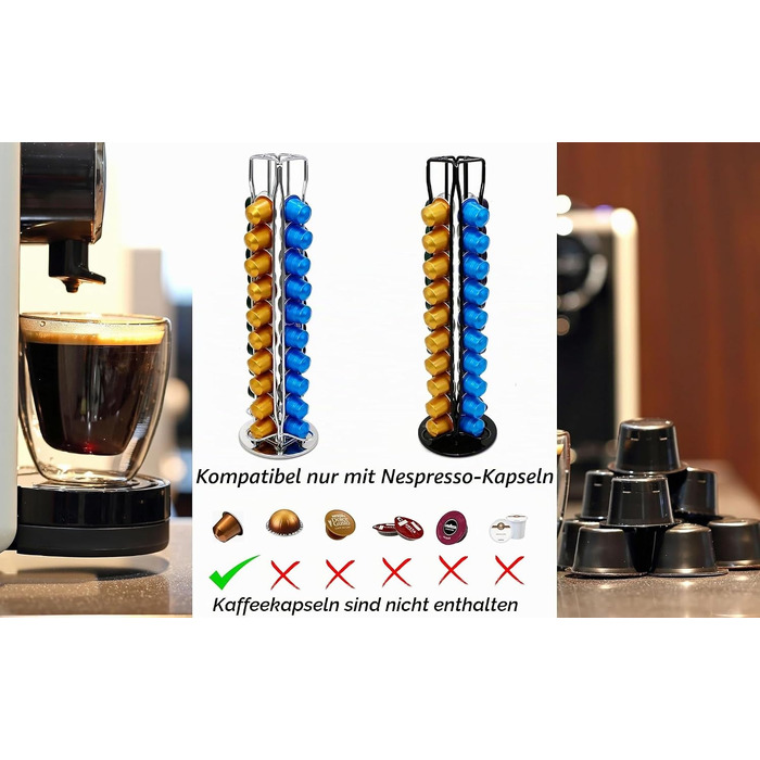 Органайзер для кавових капсул Exzact, сумісний з Nespresso (на 40 капсул) — обертовий підставний тримач для кавових капсул, протиковзкий, сріблястий
