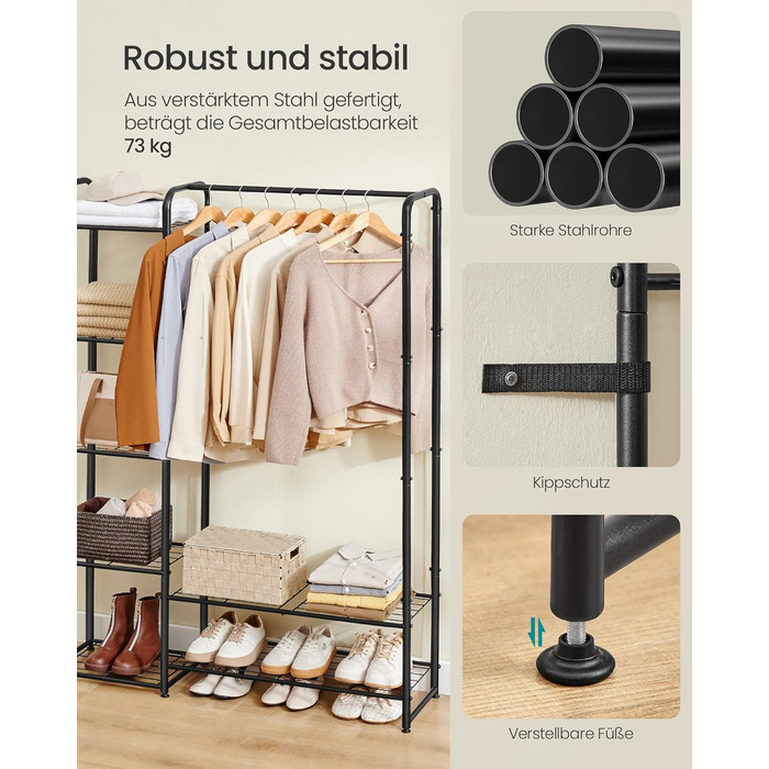 SONGMICS Clothes Rack, Open Closet, Clothes Rail, Coat Rack with Shelves, Metal Wardrobe, Freestanding, Matte Black LGR462B01