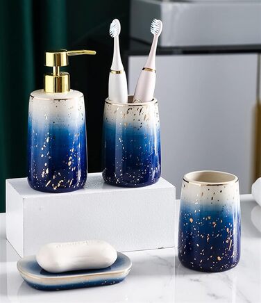 Набір аксесуарів для ванної кімнати GIBZ: мильниця, тримач для зубних щіток, дозатор мила, стаканчик. Кераміка, блакитний колір