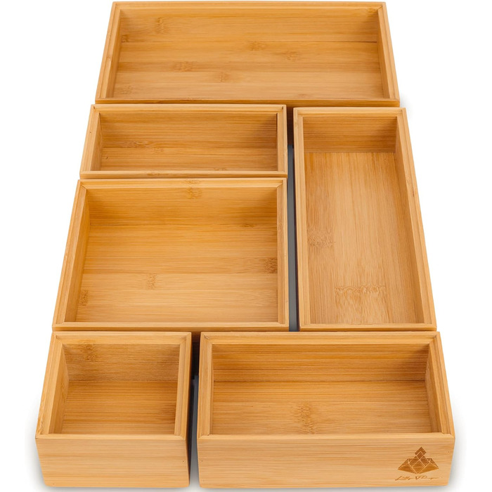 Lilly Things ANTI-SLIP Bamboo Drawer Organizer System (6 Piece, Wood) Drawer Organizer, Drawer Insert, Storage Box for Makeup, Cosmetics, Vanity, Desk, Office, Bathroom, Kitchen