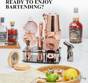 Набір Boston Shaker з нержавіючої сталі 10 в 1 з акриловою підставкою, барним ситом, щипцями для льоду, барною ложкою, мірним стаканом, мадлером, рожеве золото – ідеально для домашнього бару