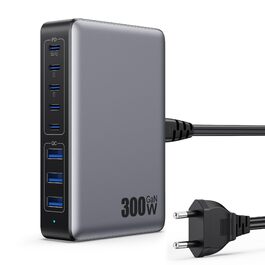 Зарядний пристрій USB C 300W, 8 портів, швидка зарядка 100W PD PPS для ноутбука, MacBook, iPad, iPhone 16/15/14, Samsung – Чорний
