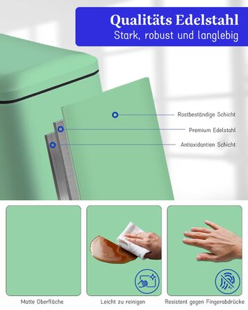 Відро для сміття кухонне 30л, нержавіюча сталь, з кришкою, внутрішній відерцем, прямокутне, зелене