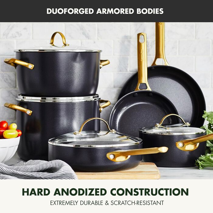 GreenPan Reserve Harteloxierte healthy ceramic non-stick coating, 10-piece cookware set, pots and pans set, gold-colored handle, PFAS-free, dishwasher safe, oven safe, black