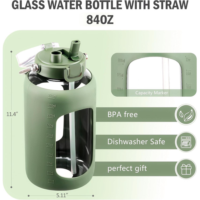 BLUEGO 2500ml Glass Drinking Bottle with Stainless Steel Handle, 2.5L Large Water Bottle with Time Markers and Silicone Sleeve, Half Gallon Water Jug BPA-Free for Sports, Daily Use, Light Green (Olive)