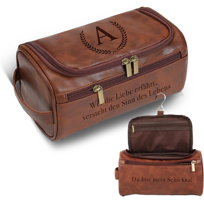 Чоловіча дорожня косметичка Easycosy з лазерним гравіюванням імені, з натуральної шкіри, набір 2в1 (косметичка + гачок для підвішування), ідеальний подарунок для чоловіків, тата, дідуся, колеги, червоно-коричневого кольору