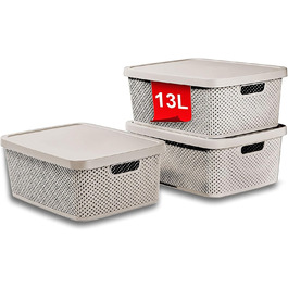 PREMIUM 3er XXL Storage Box Set with Lid Organizer - Ideal for Office, Closet, Wardrobe, Kitchen & Household (3-Piece Set, 13 Liters, Cafe Latte)
