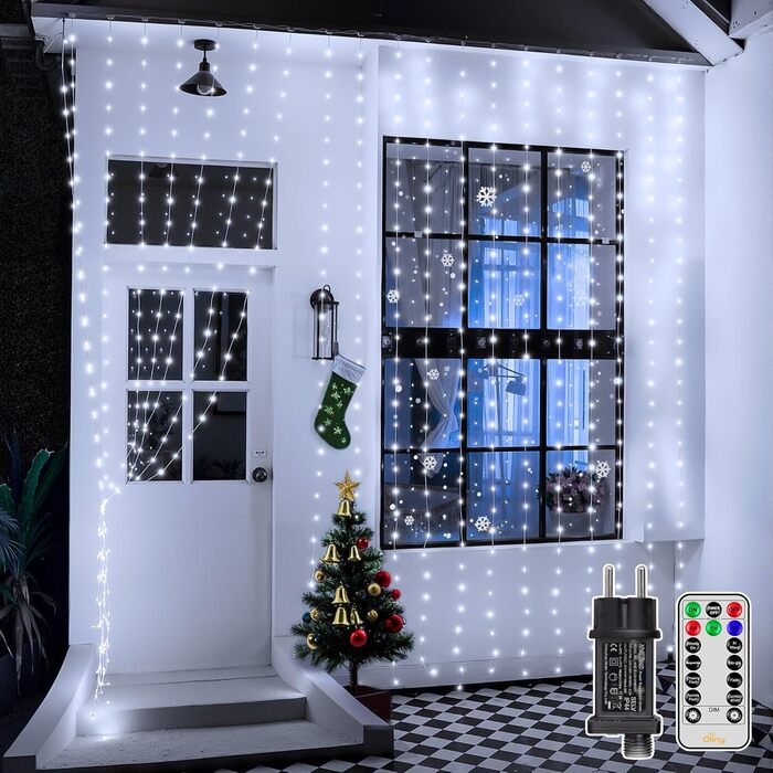 Льодосвітний штора-гірлянда для декору приміщень та вулиці, 3x3м, 300 LED, 8 режимів, IP67, пульт, таймер, димування, для декору на Різдво, двері, стіни, вечірки, вікна, балкон (тепле біле світло)