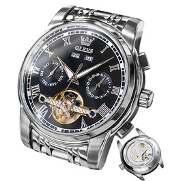 Годинник чоловічий OLEVS автоматичний золотий чорний механічний на зап'ястя з турбійоном, календарем, водонепроникний, світлодіодна, двоколірна модель для чоловіків (срібло/чорний)