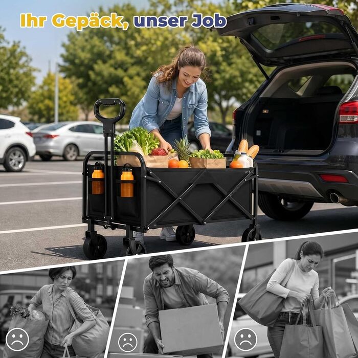 Візок вантажний складний 220L Heavy Duty для кемпінгу, саду, пляжу. Сталевий каркас, 600D Oxford PVC, регульована ручка, чорний