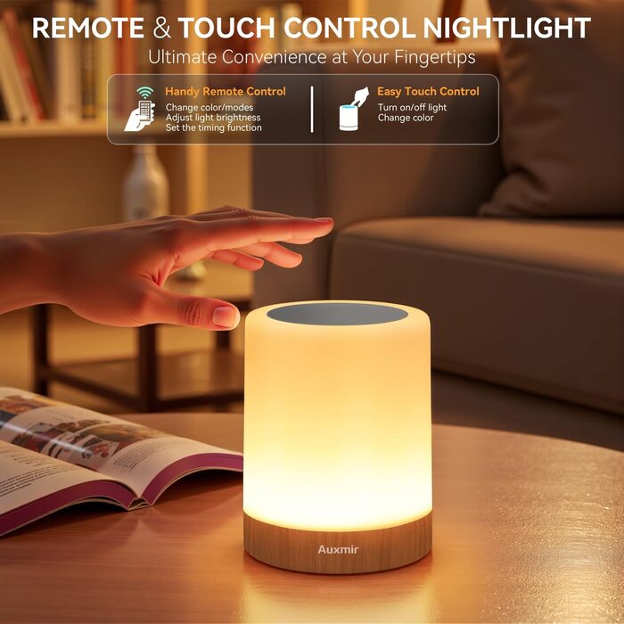 Нічник Auxmir для дітей з акумулятором 3000mAh, LED-лампа настільна сенсорна з регулюванням яскравості, 5 режимів, 13 кольорів, 5 рівнів яскравості, бездротова лампа з таймером та пультом дистанційного керування, нічник для декору спальні, тераси