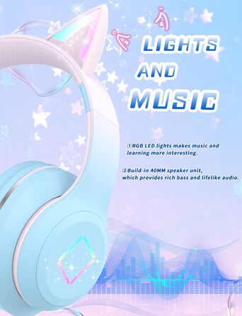 Бездротові навушники Bluetooth для дітей з LED-підсвіткою, котячими вушками та мікрофоном, HD Stereo, складна конструкція, регульоване наголов'я, для дівчаток (блакитні)