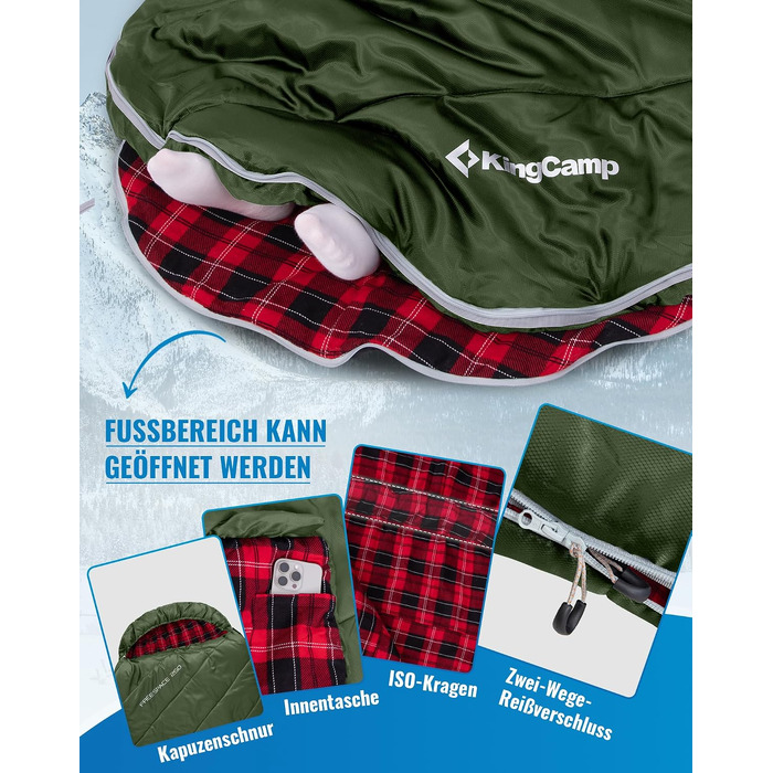 Спальний мішок KingCamp XXL з бавовняного фланелі для дорослих, широкий кемпінговий кокон для зими та літа, оливковий, 220x100 см